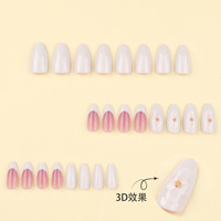Faux ongles à presser en amande, base rose nude, bout français blanc crème, fleurs 3D faites à la main, réutilisables pour femmes
