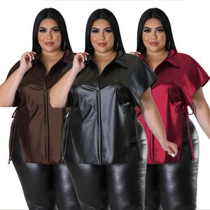 夏の女性服ファッションカジュアルルーズ無地ボタンアップシャツトップ - Product Image 1