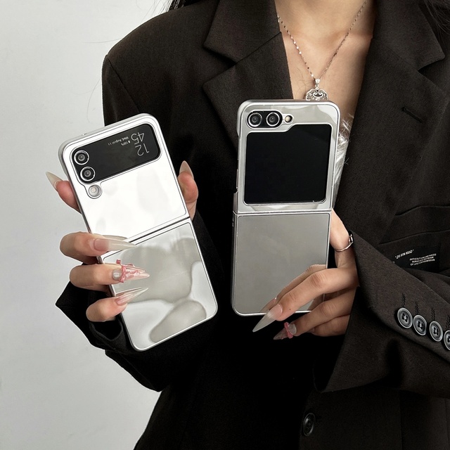 Luxury Silver Edge Hard Acrylic Smart Mirror Flip Mobile Phone Cases Compatible for iphone Samsung for iphone Galaxy ZFlip 3 4 5 6