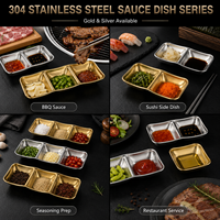 Piring Saus Kompartemen Ramah Lingkungan dari Baja Tahan Karat 304, Nampan Bumbu Persegi, Piring Celup BBQ Korea, Peralatan Makan Restoran