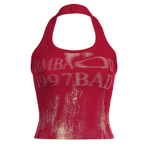 เสื้อกล้ามกีฬาสีแดงสดพิมพ์ลายข้อความสีทองชุดลำลองเสื้อฤดูร้อน - Product Image 4