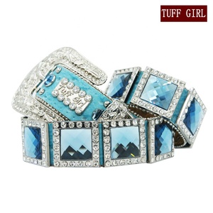 Cielo blu In Pelle Cowgirl Prisma Cut <span class=keywords><strong>Pietra</strong></span> Conchos Occidentale Cinghia di Cuoio Del Vestito Per Le Donne 100 centimetri - Product Image 3