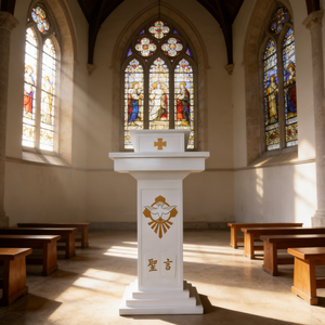 Chaire <span class=keywords><strong>d</strong></span>'église blanche avec sculpture <span class=keywords><strong>de</strong></span> <span class=keywords><strong>colombe</strong></span> <span class=keywords><strong>de</strong></span> l'Esprit Saint et croix dorée, pour <span class=keywords><strong>la</strong></span> parole sacrée et <span class=keywords><strong>la</strong></span> prière chrétienne - Product Image 2