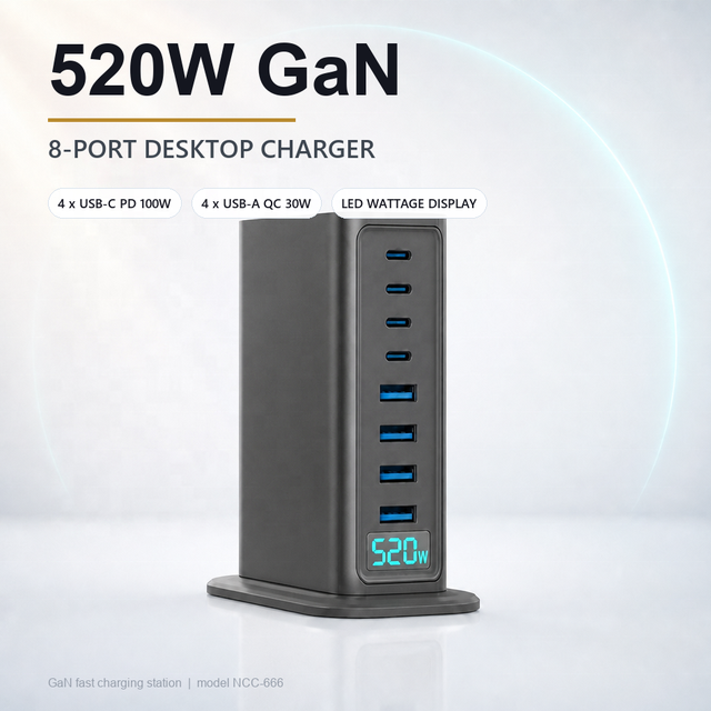 520W GaN Charger All-in-One Desktop Hub 8-Port, 4C PD100W 4A QC30W, Visual LED Display, Replaces 8, for Laptop