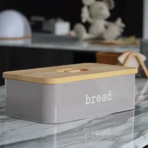 Rectangular Eco Storage Box with Wooden Cutting Board Lid Kitchen Metal Bread bin