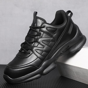 Baskets décontractées pour hommes, entièrement noires, en maille respirante, avec tige en cuir, semelle épaisse, chaussures de marche à lacets, chaussures de sport quotidiennes - Product Image 2