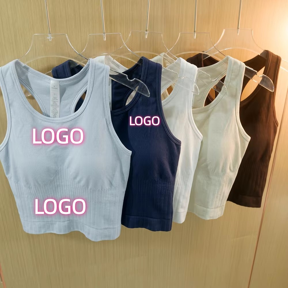 Custom LOGO Summer Yoga Sports Bra Seamless Knit Crisscross Straps Tank Top Double Layer Ribbed Waist Cinching High Support