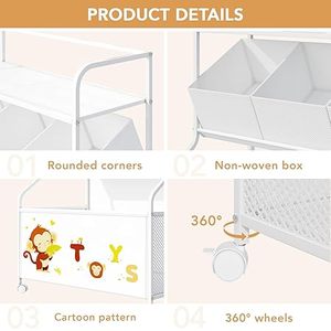 Toy <b>Storage</b> Organizer with Wheels- 3-Tier Kids LargeToy <b>Chest</b> <b>Storage</b> for Boys Girls Kids Bookshelf with 3 Fabric Toy Boxes - Product Image 2