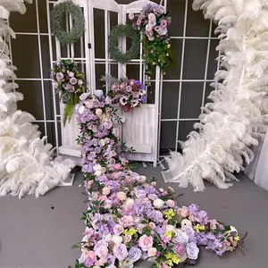 Nouveau design accessoire de mariage chemin de fleurs de table fleur artificielle rangée de fleurs violettes centres de table de restaurant de mariage décoration