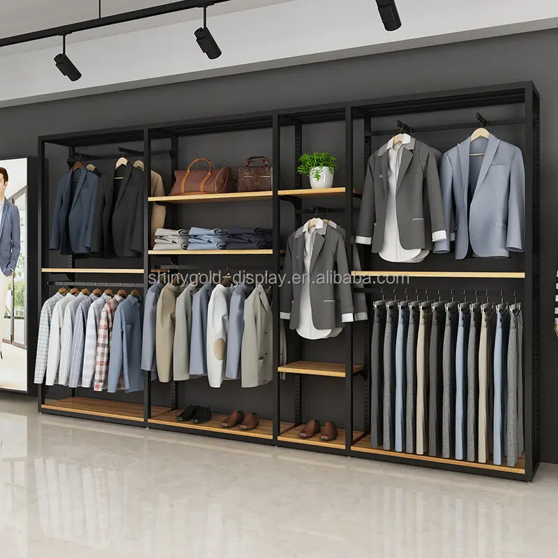 Men's Cloth Store Display Stand Shelf Hanger Double Storey Shopping Mall 2 Layer Black Clothing Display Rack High-end