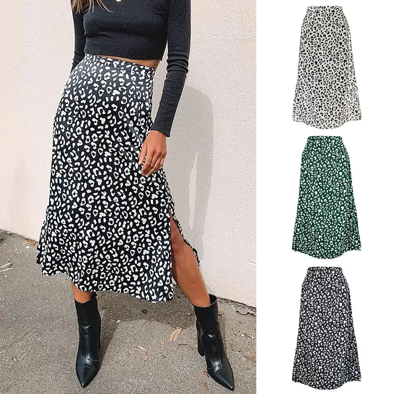 Faldas largas de gasa y poliéster con cremallera para mujer, faldas largas sexys a media pierna con estampado de leopardo y abertura para Primavera, venta al por mayor