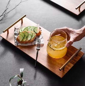 Plateau de petit-déjeuner personnalisé avec logo, plateau de service à thé <span class=keywords><strong>en</strong></span> <span class=keywords><strong>bois</strong></span> classique avec poignée <span class=keywords><strong>en</strong></span> métal, écologique, pour la famille, services de tasses à café pour le camping - Product Image 2