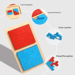 CE CPC Blocs de combat rouges et bleus en bois, jeu de logique spatiale <span class=keywords><strong>Tetris</strong></span> à empiler pour enfants - Product Image 4