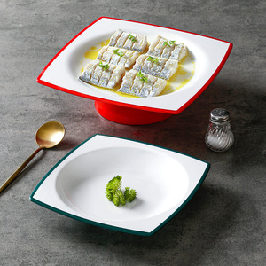 Square Melamine <b>Plate</b> Set For Hotel Restaurant Commercial Use With Red And Green Trim Dinner Soup Stir Fry <b>Plates</b> - Product Image 1