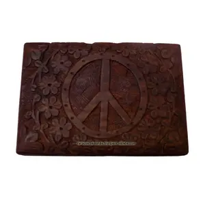 Peace Sign Hand Carved Decorative Jewelry Trinket Wooden Storage Box In Rectangular Shape For Girls