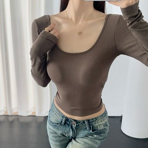 CNSHELL 95% Rayon <strong>Square</strong> <strong>Neck</strong> Slim Fit Micro Rib With Chest Padding Cropped <strong>Long</strong> <strong>Sleeve</strong> <strong>Top</strong> for Women T Shirt - Product Image 6