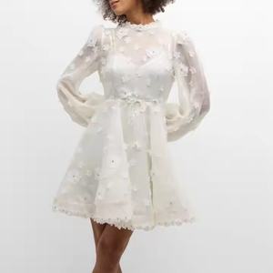 Nouvelle arrivée, robe décontractée d'automne de haute qualité, manches longues, dentelle florale, robe en mousseline de soie, robe blanche modeste - Product Image 1