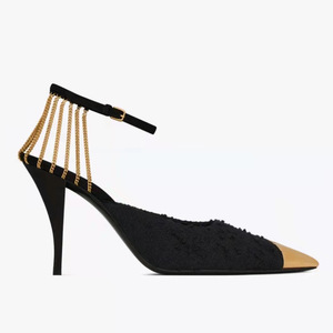 Nouveauté Chaussures à talons hauts noires sexy Chaussures à talons fins en or Chaussures pour femmes Chaîne métallique Bout pointu Sandales à talons hauts pour soirée - Product Image 5