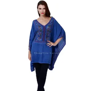 Women's mineral wash embroidered poncho top with bat wing sleeves