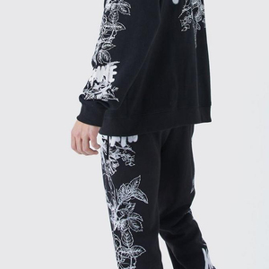 Men's Black Hooded Sweatshirt Set With Front Print Pocket Regular Fit Casual Autumn Wear - Product Image 5