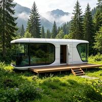 Maisonnette préfabriquée écologique en forme de capsule pour la montagne et la forêt, mobile, pour le glamping, avec terrasse, pour les centres de camping en plein air