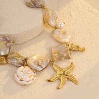 Collier Pendentif en Acier Inoxydable Fait Main Style INS avec Perles en Pierre Naturelle et Fleur Coquillage, Bijou Étanche Tendance