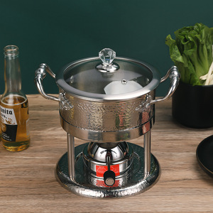 304 Stainless Steel Mini Hot <b>Pot</b> With Lid Alcohol Powered Hammered Finish Single Person <b>Soup</b> <b>Pot</b> - Product Image 1