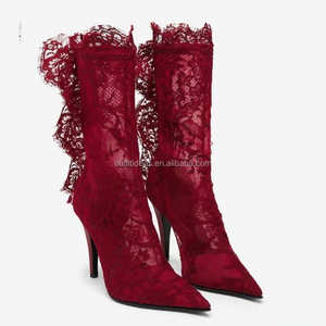 Chaussures en dentelle rouge délicates pour filles, bout pointu, talon aiguille de 105 mm, semelle en cuir haute, fermeture éclair à l'arrière, bottes en dentelle rouge - Product Image 2