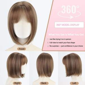 Peluca Corta <span class=keywords><strong>Bob</strong></span> Color Miel con Flequillo Blanco de 12 Pulgadas, Lisa, Sintética, sin Pegamento, Resistente al Calor, Ligera, de Fibra de Proteína, Realista - Product Image 5