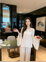 Ensemble de pyjama respirant en soie glacée French Palace pour femme, avec dentelle, manches cloche longues, col luxueux, vêtements de détente, taille élastique