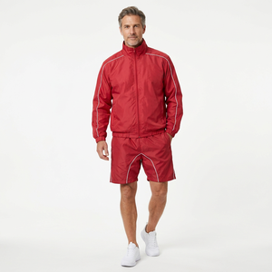 Conjunto de chándal rojo para hombre, chaqueta con cremallera y cuello alto, pantalones cortos, traje deportivo de primavera con ribete blanco - Product Image 2