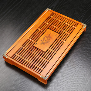 Bandeja de té de madera maciza con drenaje y almacenamiento de agua para juego de té Kung Fu, diseño plano con patrón de orquídeas - Product Image 5