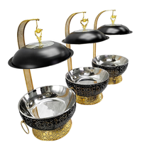 Chauffe-Plat à Gaz en Acier Inoxydable 8L avec Support de Couvercle Suspendu Doré et Motif Découpé pour Buffet, Hôtels, Mariages et Traiteurs