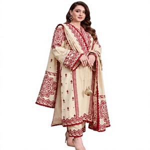 Traje de Tres Piezas Paquistaní para Mujer, Shalwar Kameez, Elegante, Floral, de Chifón, con Bordado a Mano en el Cuello, para Bodas y Fiestas - Product Image 4