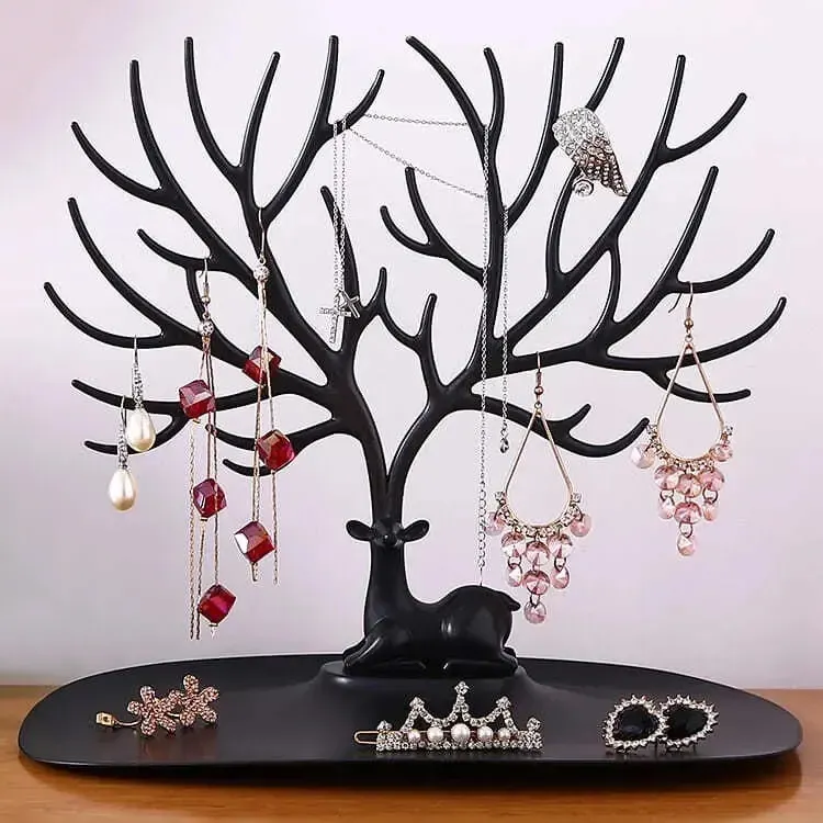 Organizador de collares y pulseras, soporte de exhibición de pendientes, estante de torre de ciervos de plástico, colgante de joyería, árbol con bandeja para accesorios