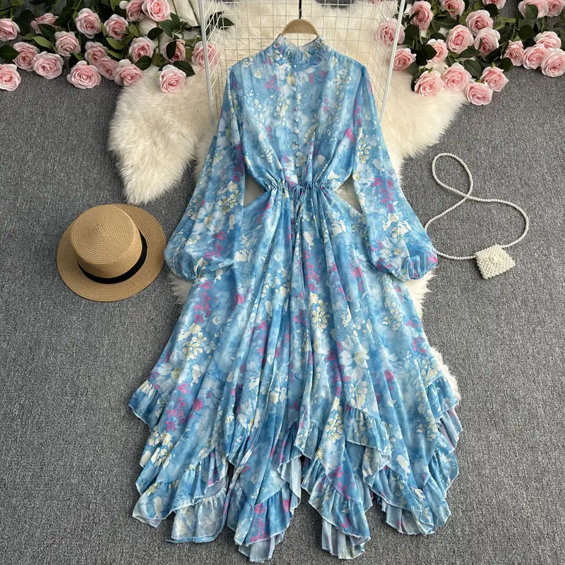 wholesale autumn long Sleeve Print flower Women dress colorful Slim Long dresses women lady dresses