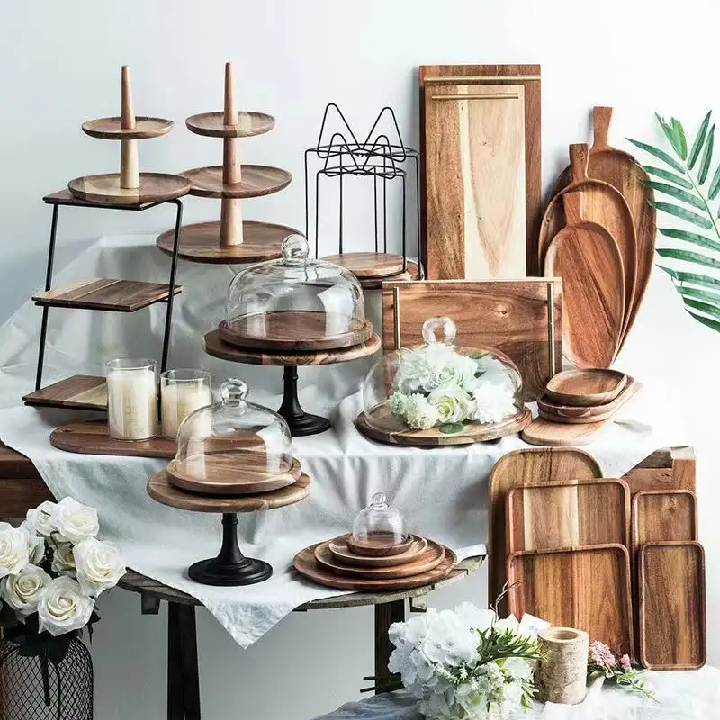 Bandeja de madeira para bolo, bandeja decorativa de madeira para bolo, sobremesa, casamento, fábrica de madeira de acácia, sobremesa, 2021