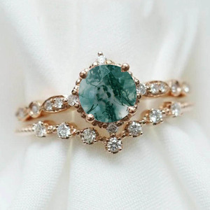 Rose Gold Plated Women's Engagement <b>Ring</b> With Natural Moss Agate Stone and Diamond Pave Setting Romantic Style - Product Image 1
