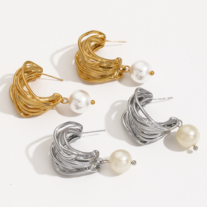 Déclaration en acier inoxydable 316L plaqué or 18 carats boucles d'oreilles créoles multicouches en forme de C de haute qualité bijoux pour femmes - Product Image 1