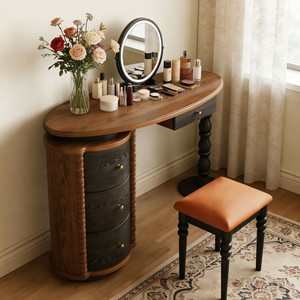 Solid Wood Dressing <b>Table</b> With <b>Mirror</b> And Stool French Retro Style Bedroom Makeup <b>Vanity</b> Storage Cabinet - Product Image 2