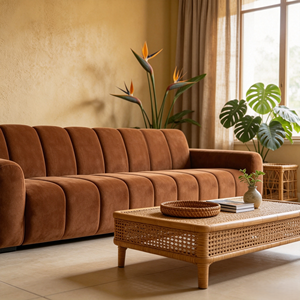 Sofá Modular Estilo Camaleón de Terciopelo Caramelo, Diseño Vertical Acolchado de Perfil Bajo para Sala de Estar - Product Image 3