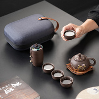 Service à thé de voyage en céramique de sable violet, 1 pot, 4 tasses, portable pour l'extérieur, design Kung Fu, étui de transport zippé, cadeau d'affaires
