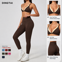 Ensemble de yoga effet superposé pour femme : Soutien-gorge triangle rembourré à bretelles spaghetti et leggings de fitness taille haute – Ensemble 2 pièces