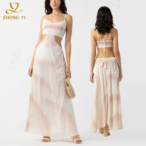 Ropa de verano marca fabricante personalizado mujer Casual corpiño algodón sin tirantes espalda descubierta vendaje Sexy estampado Floral vestidos largos