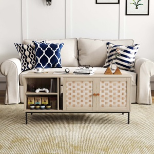 Sunrise-Mesa de centro con diseño de tejido moderno y elegante, 4 puertas corredizas, Mesa Central simétrica de madera, armario de almacenamiento con panel - Product Image 6