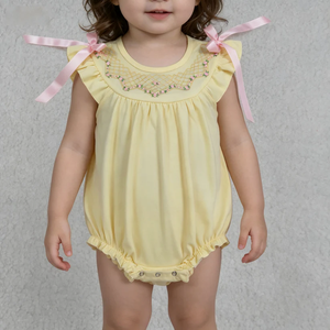 Newborn Infant Girls Summer Rompers Yellow Knit Fly Sleeve Smocking Floral Embroidery Cute Baby Girl <b>Bubble</b> Romper Clothes - Product Image 1