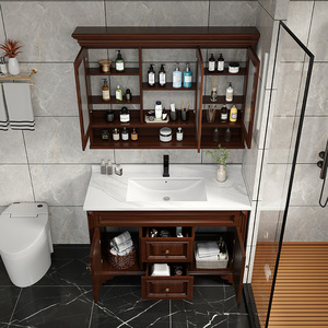 Modern Walnut Bathroom Vanity Cabinet with LED <b>Mirror</b> Waterproof & Moisture Proof Custom Size Available - Product Image 3