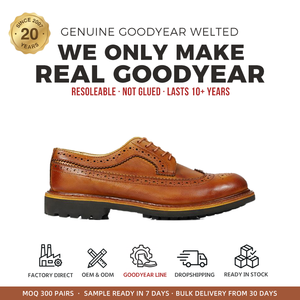 Low MOQ Goodyear Welt Longwing <strong>Brogue</strong> Shoes <strong>Men</strong> <strong>Tan</strong> Leather Wingtip Custom Logo Small Batch OEM Sample in 7 Days - Product Image 1