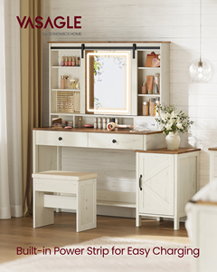 <span class=keywords><strong>VASAGLE</strong></span> Toeletta Stile Rustico con Specchio LED, Ante Scorrevoli, Presa di Corrente, Mobile Contenitore e Sgabello - Product Image 2
