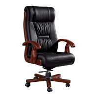 Chaise de bureau de direction de luxe traditionnelle en bois massif à dossier haut avec accoudoirs en bois, revêtement en cuir PU, pivotante et à roulettes